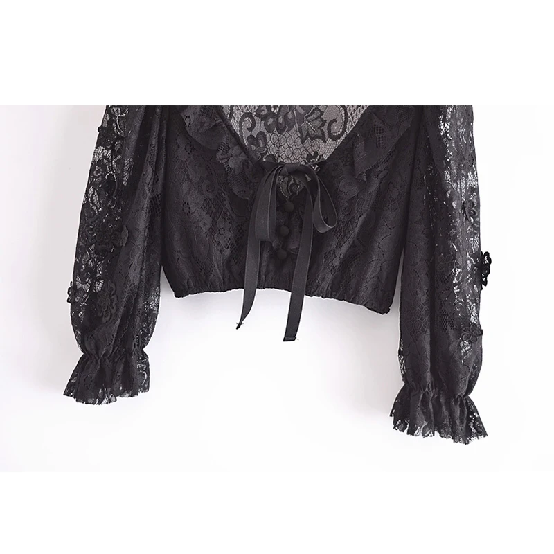 

YENKYE Sexy Transparent Lace Blouse Shirt Women Deep V Neck Puff Sleeve Crop Top Female Summer Fashion Chic Blusas