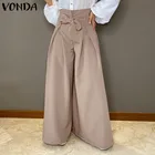 Летние брюки VONDA 2021 осень-зима длинные брюки с высокой талией и бантом однотонные широкие брюки женские брюки палаццо Большие размеры