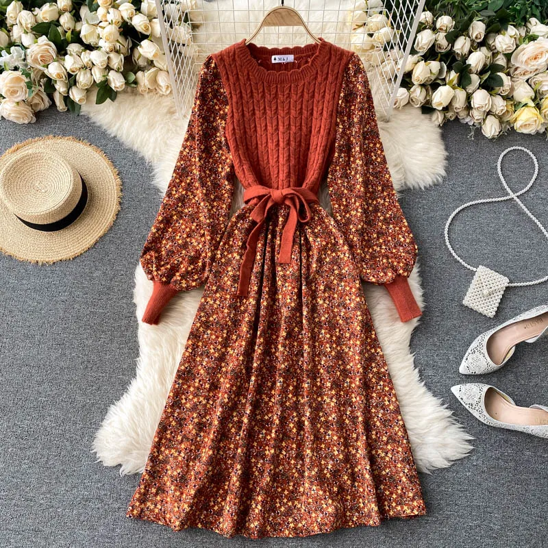 

Women Korean Knitted Dress Casual O Neck Puff Sleeve Bow Drawstring Patchwork A Line Dress Autumn Print Floral Dress DZA371