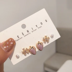 Woman Girl Earrings Set Strawberry Flower Sweet Cute Earring 925 Sterling Silver Needle Earring Jewelry 6Pcs/set