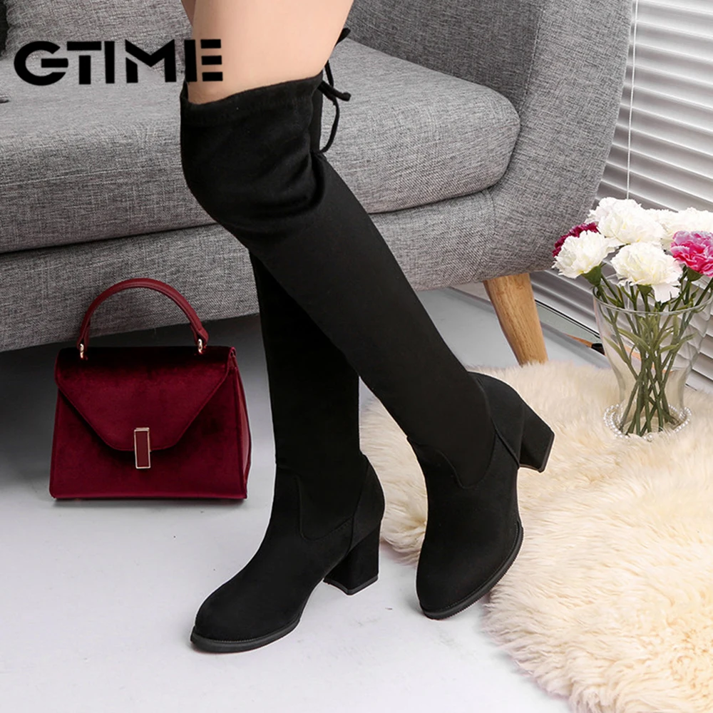 Fashion Women Boots Spring Winter Over The Knee Heels Quality Suede Long Comfort Square Botines Thigh High Boots#SJPAE-617