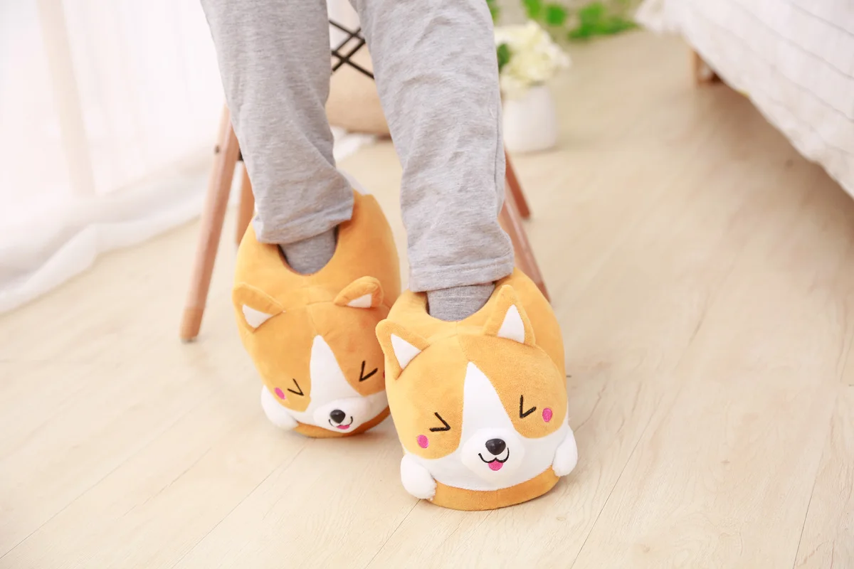 Lovely Corgi Shoes Heeled Cartoon Animals Dog Slippers Plush Indoor Floor Shoes Anti-slip Girls Ladies Friend Gift