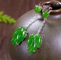 Beautiful 925 Silver Green HeTian Jade Leaf Beads Chain Dangle Heart Lucky Earring Girl's Charm Earrings Gift Fine Jewelry