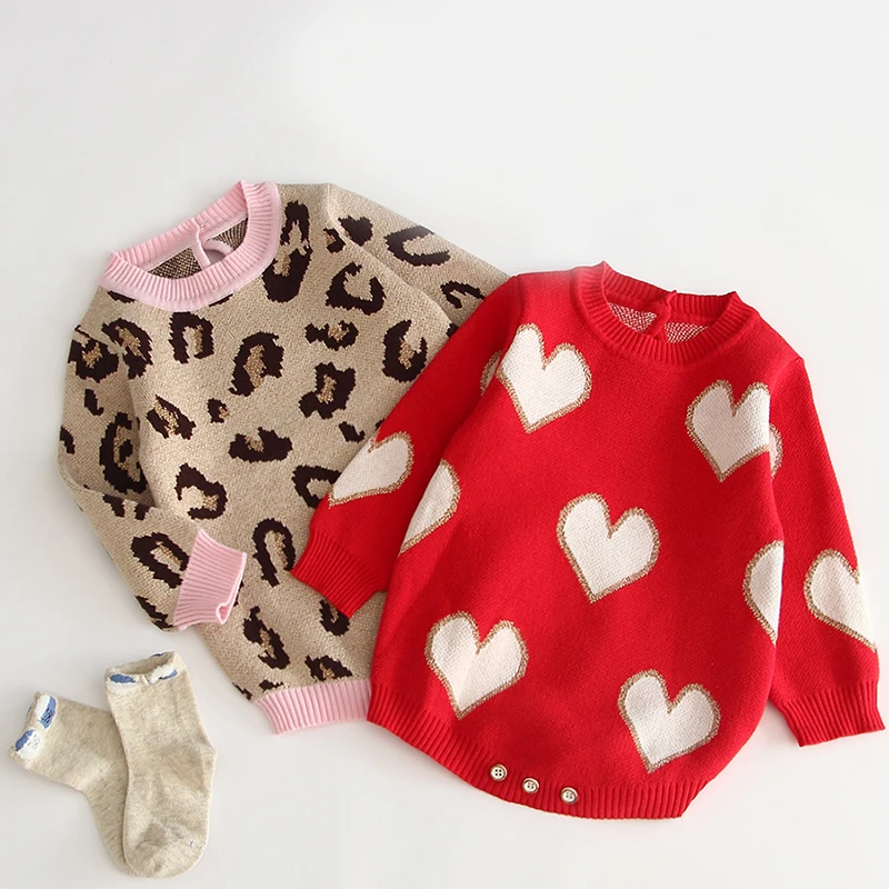 

Toddler Jumpsuit Girls Love Knitted Rompers Newborn Baby Girl Boy Leopar Rompers Baby Clothes Infant Boy Overall Children Outfit