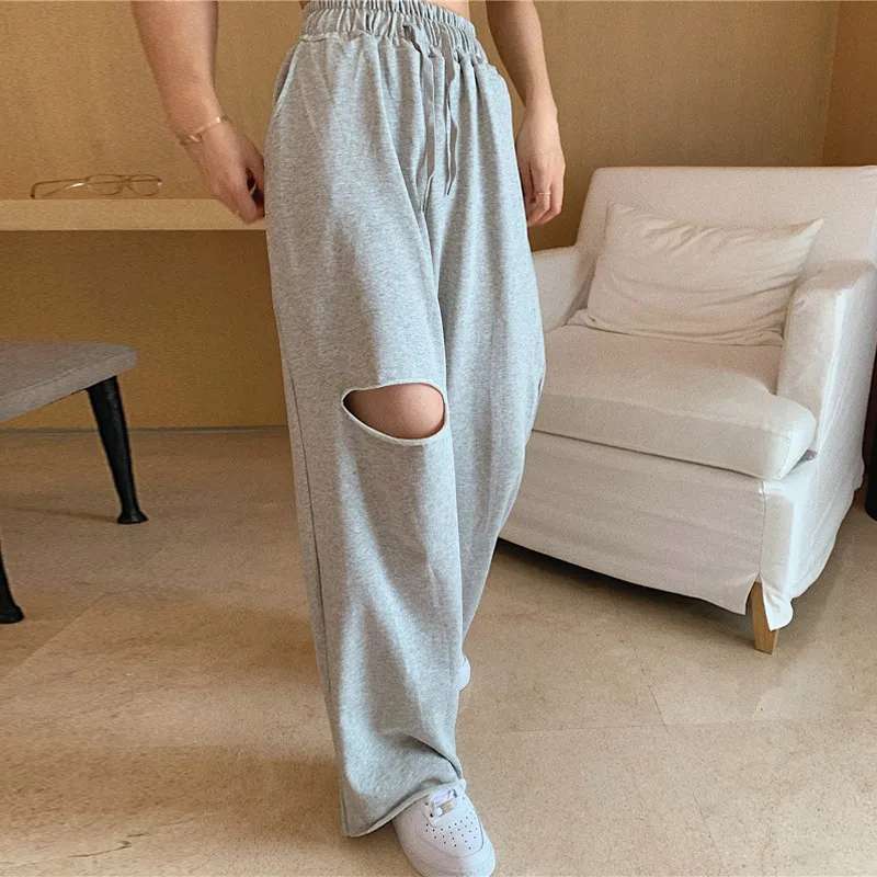 

Baggy Wide Leg Pants Women Casual Streetwear Loose Outfits Hole High Waisted Hip Hop Summer Jogger Pockets Sweatpants