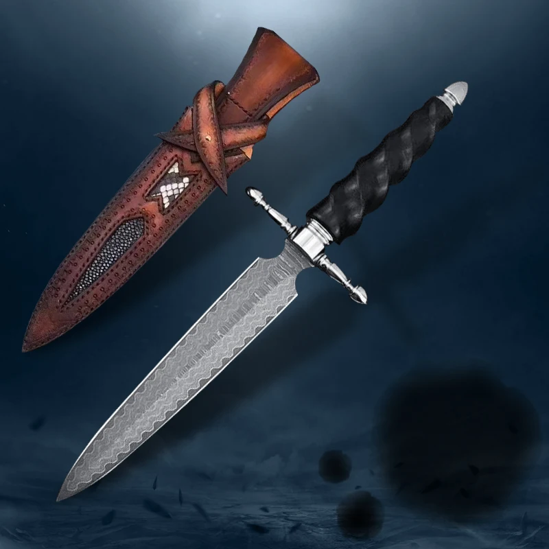 Высококачественный прямой нож из дамасской стали ручной работы с кожаным