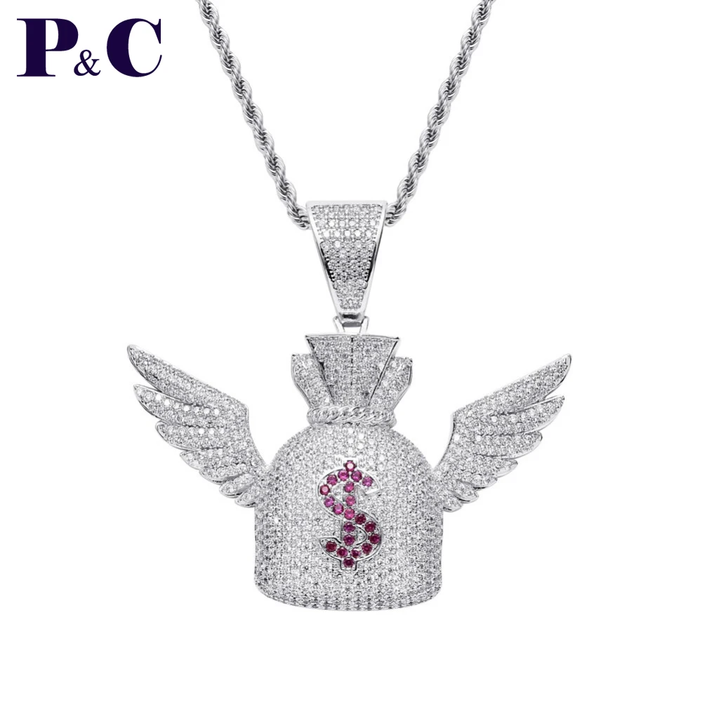 

Moveon Dollar $ Symbol Purse Angel Wings Necklaces Hip Hop Jewelry Ornament Rotate 3A Zrcon Charm Pendant For Women Men Gifts Fa