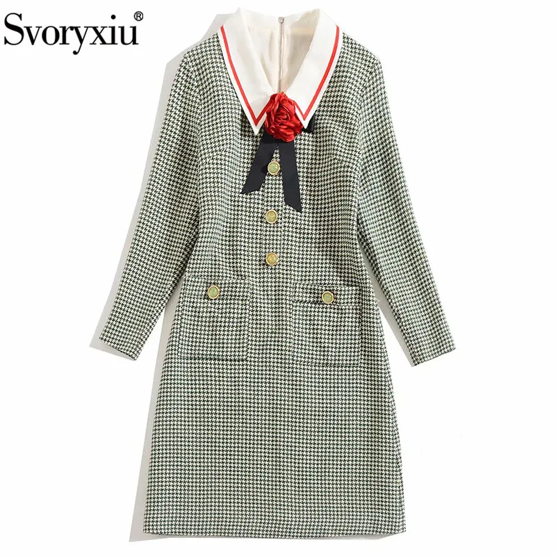 Svoryxiu Autumn Winter Tweed Braided Dress Women's Elegant Long Sleeve Bow Slim Runway High Quality Dresses Vestdios | Женская