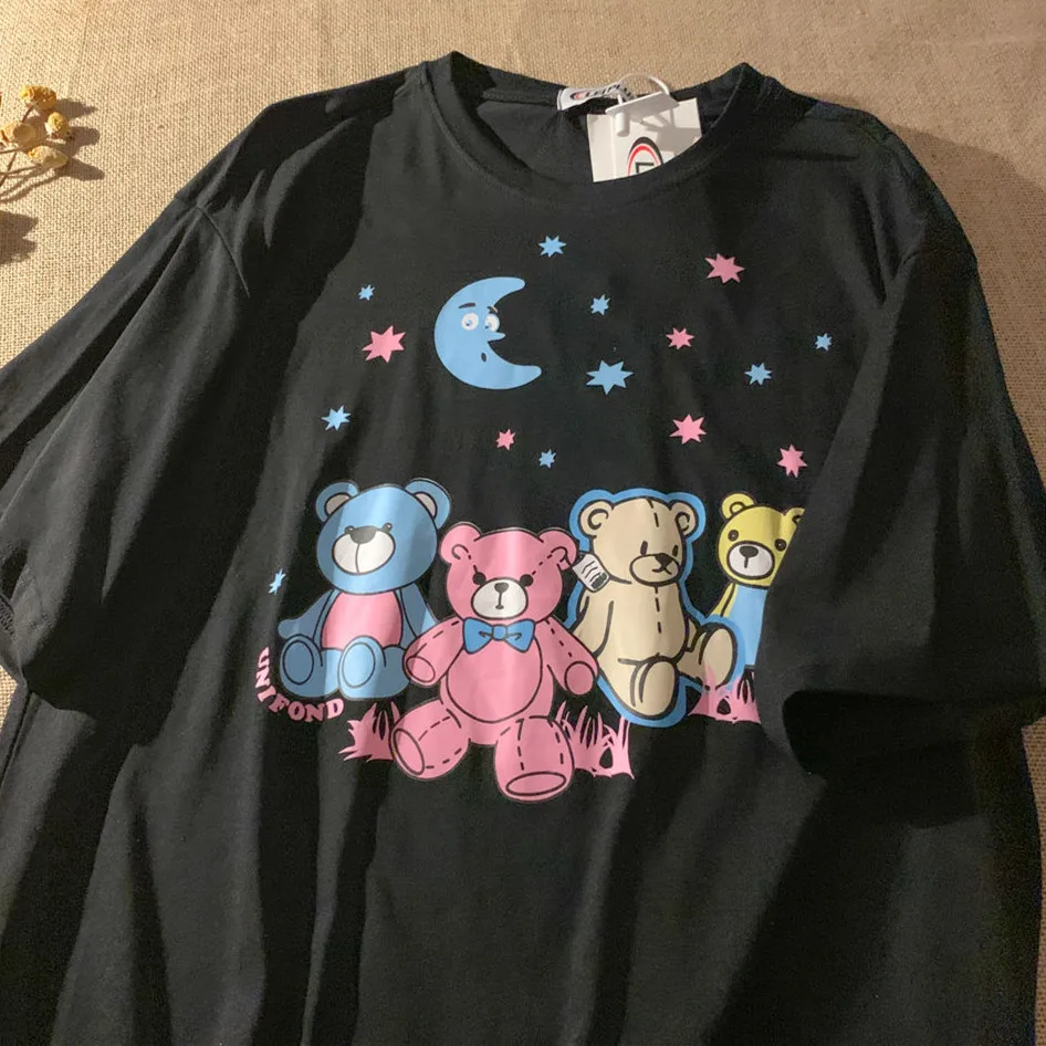 Женская хлопковая футболка с изображением медведя большого размера лето 2021 плюс
