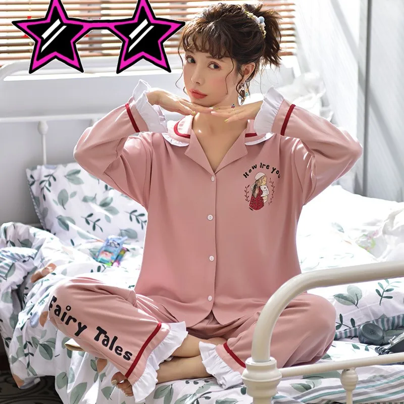 Женские весенние и осенние двухсезонные хлопковые розовые кружевные пижамы из