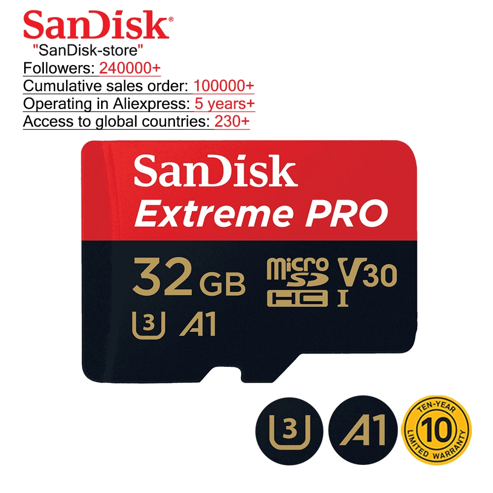 Карта памяти SanDisk Micro SD, TF карта Extreme Pro, 32 Гб 64 Гб 128 ГБ 256 ГБ, 4K видео, гарантия 10 лет от AliExpress WW