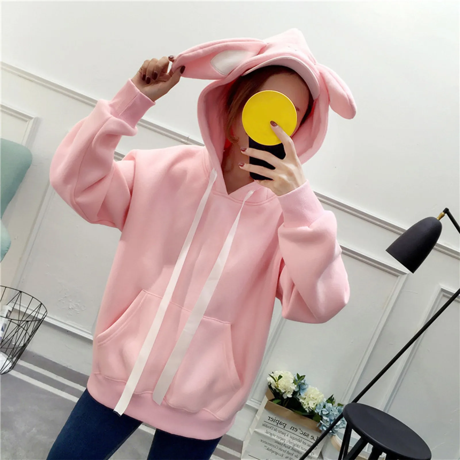 Bunny Hoodies Women Kawaii Rabbit Ears Fashion Oversized Sweatshirt Long Sleeve Blouse Loose Sweatshirt Winter Warm Hoodie Femme