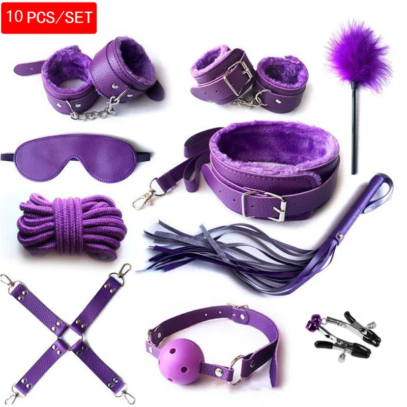 Purple chengren 10 шт./компл. наручники полицейские принадлежности для косплея игрушки для набора наручники зажимы для сосков кляп кнут секс-игрушки для пар сексуальная маска - Цвет: Purple chengren