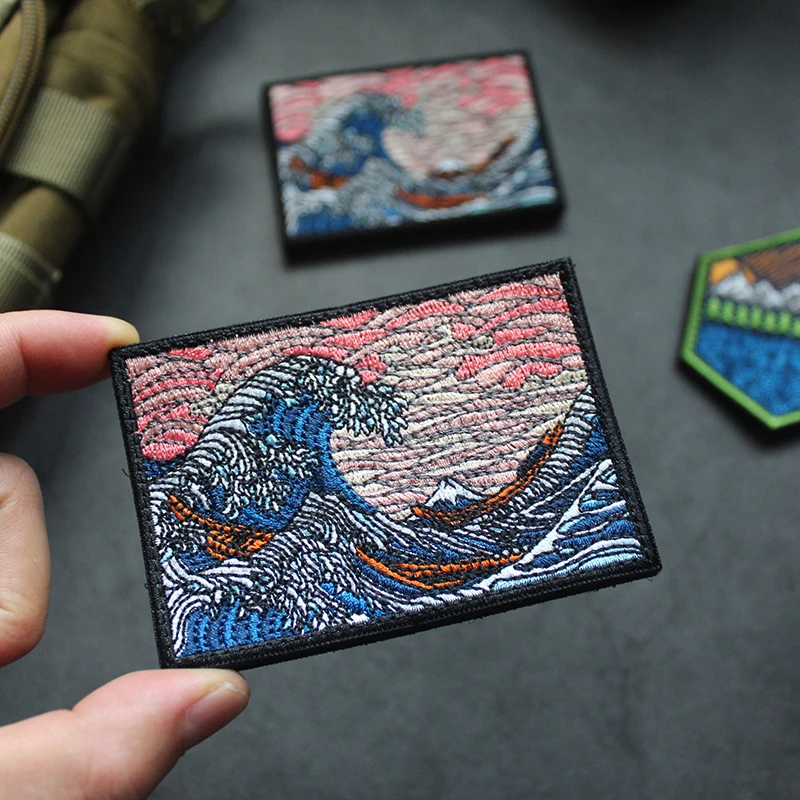 Ukiyoe Вышивка Липучка патч канагава большая волна море полосы повязка на руку для