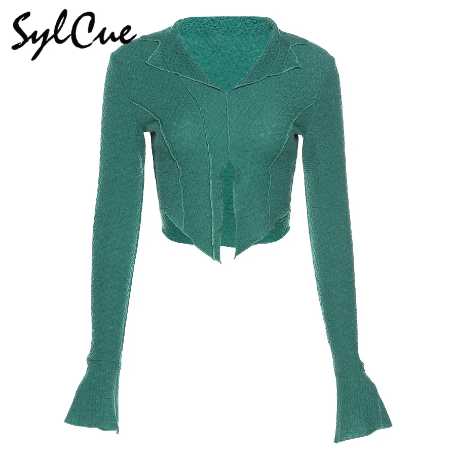 

Sylcue Autumn new lapel long sleeve T shirt dovetail design tailored tops trumpet long sleeve fashion personality casual wild
