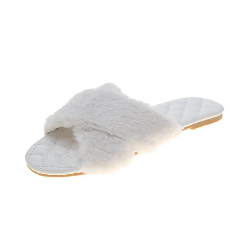 

2021 Winter New Women Soft Plush Furry Cross Band 3cm Heel Fur Women Shoes Indoor Ladies Platform Open Toe Fluffy House Slippers
