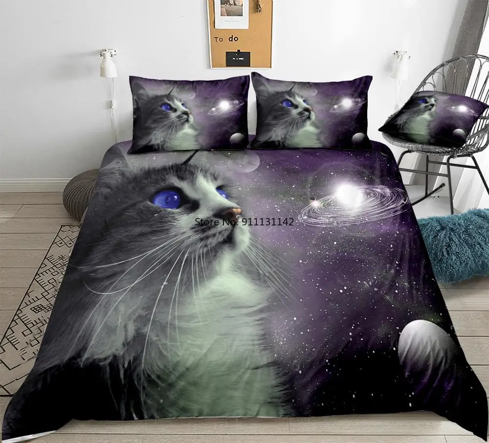 

Galaxy Cat Duvet Cover Set Queen Cartoon Bedclothes Animal Bed Set Pet Bed Linens 3pcs Stars Bedding for Kids Dropship Space