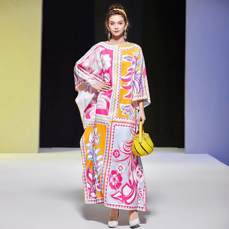 

Maxi Long Dress Spring Autumn New Women'S Bohemian Batwing Sleeve Loose Fashion Print Patchwork Elegant Holiday Party Dresses