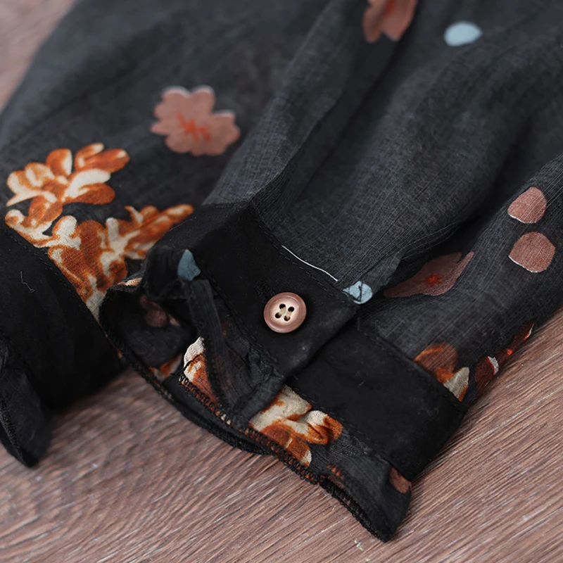 

Women Smooth Cozy Shirt Ruffles Neck Contrasted Print Retro Vintage for Summer Long Sleeve Loose New Linen B04111830