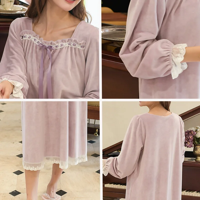 Island Velvet Nightdress Girl Winter Princess Style Thickened Flannel Nightdress Long Sweet Coral Velvet Can Be Worn At Home