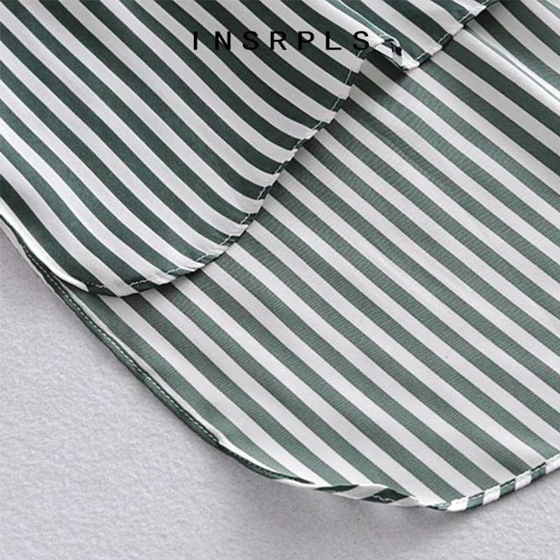 

INSRPLS Women Fashion With Belt Striped Asymmetric Blouse Vintage Lapel Collar Long Sleeve Female Shirts Chic Tops