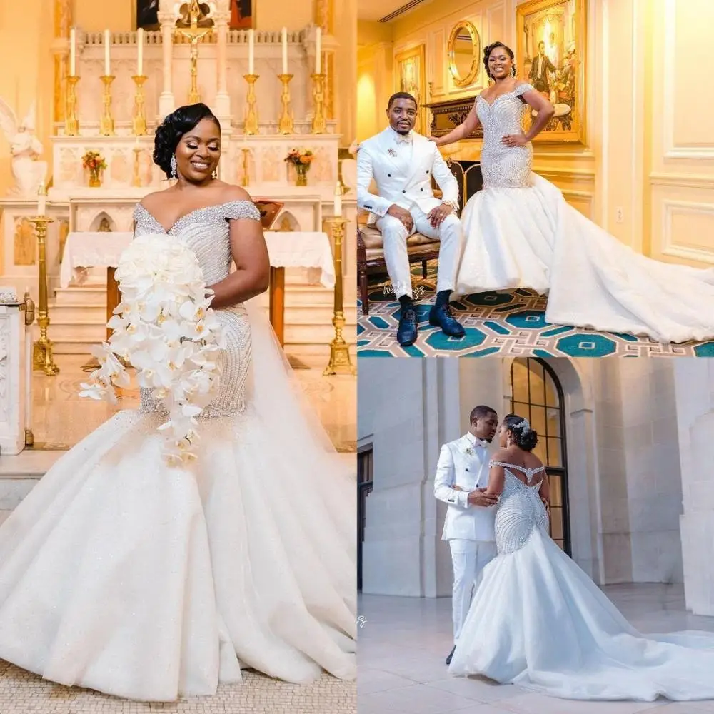 

South African Mermaid Wedding Dresses 2021 Off Shoulder Luxury Beaded Bodice Bride Vestidos De Fiesta Long Sweep Wedding Trumpet