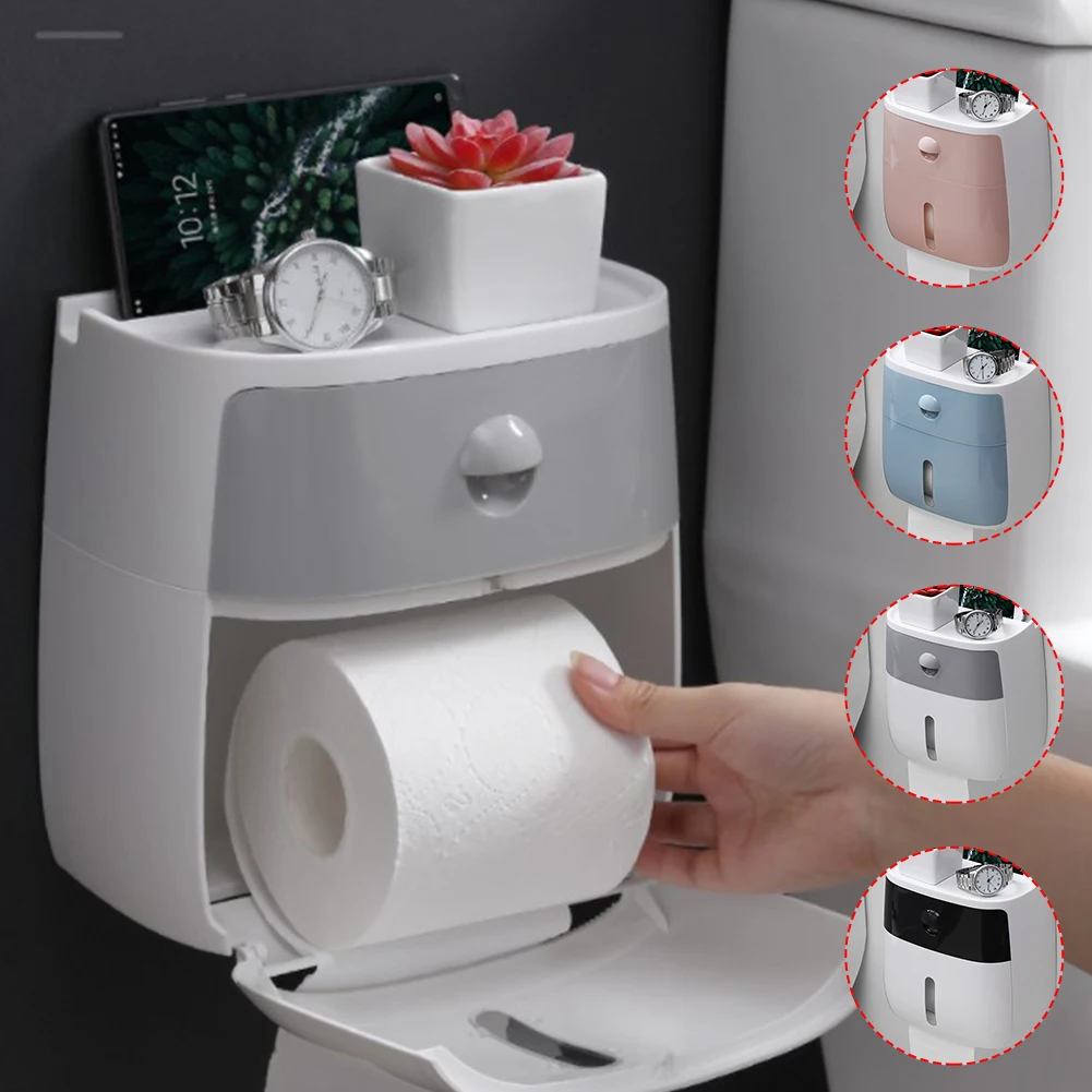 

Wall Mount Nail Free Paper Holder Tissue Box Holder with Shelf Drawer Tissue Paper Storage Organizer for Bathroom Toilet