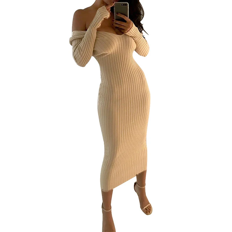 

Spring Autumn Sexy Deep V-Neck Casual Knitted Dress Women Fashion Long Sleeve Sweater Dresses Sexy Package Hip Long Dress