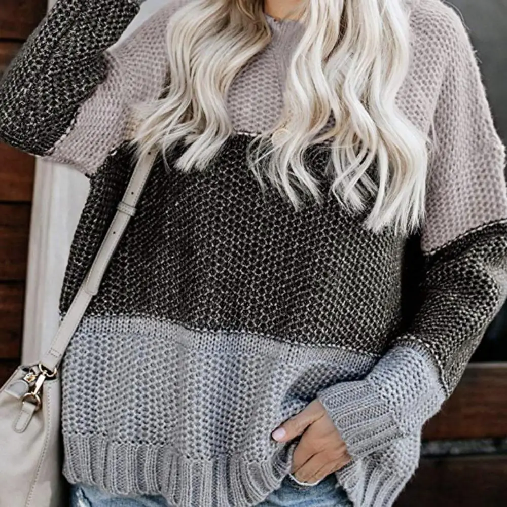 

Women Casual O Neck Long Sleeve Striped Loose Pullover Knitted Patchwork Sweater Patchwork Sweater