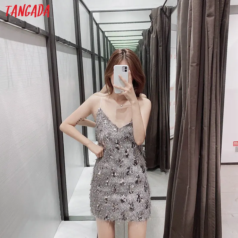 Tangada, женское платье с кисточками, расшитое блестками, без рукавов, стрейчевое, Новое поступление, сексуальное женское серое вечернее мини платье 3H170