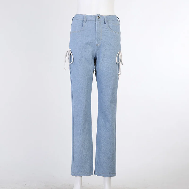 

LALUMAI women's jeans 2021 Sexy hollow out drawstring pants light high waist wash pants casual straight Trousers