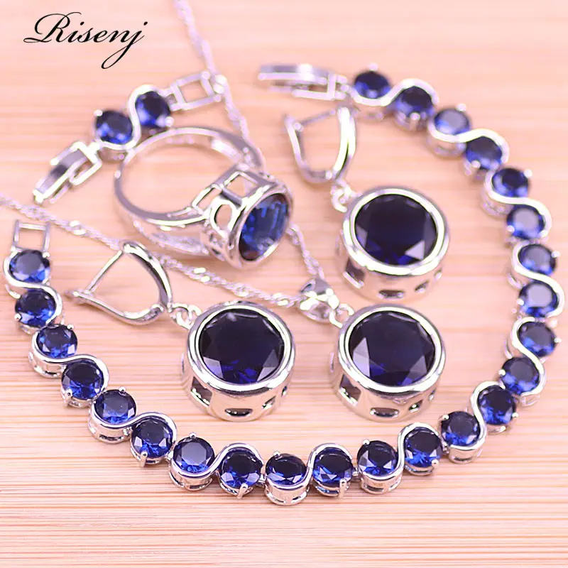 

Risenj Blue Big Round 925 Sterling Silver Costume Jewelry For Women Drop Earrings Ring Necklace With Bracelet Set