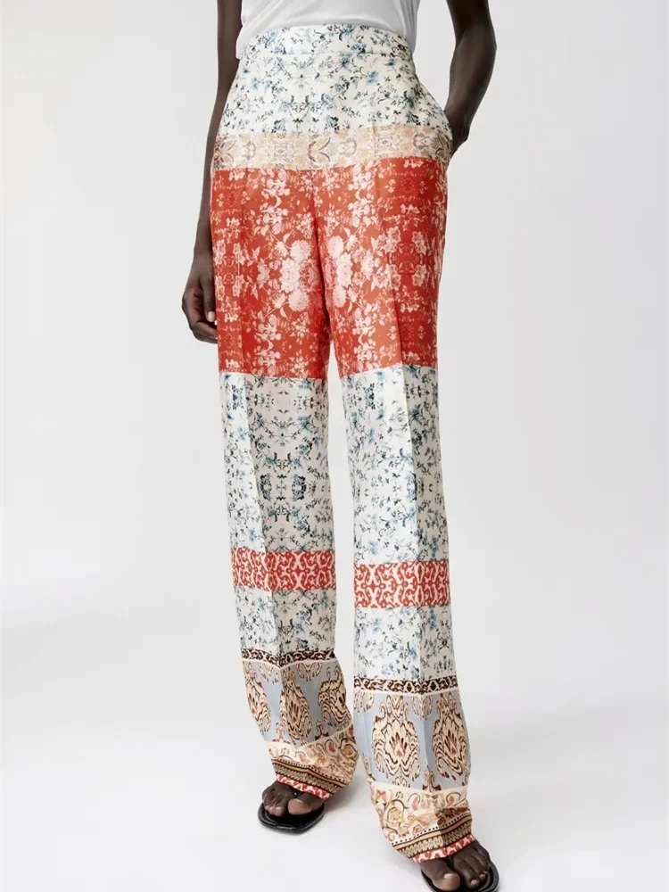 

Брюки женские длинные с принтом, Винтажные эластичные штаны с завышенной талией, повседневные свободные пляжные брюки с широкими штанинами...