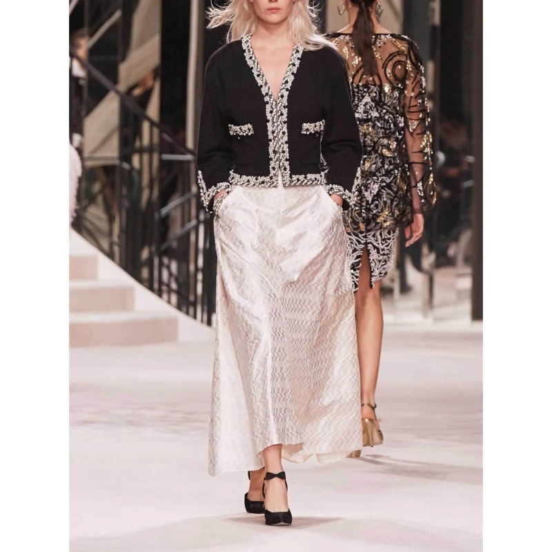 

sweater cardigan women Runway high quality luxury brand beading sexy v-neck autumn long sleeve elegant knitted jacket ladies top