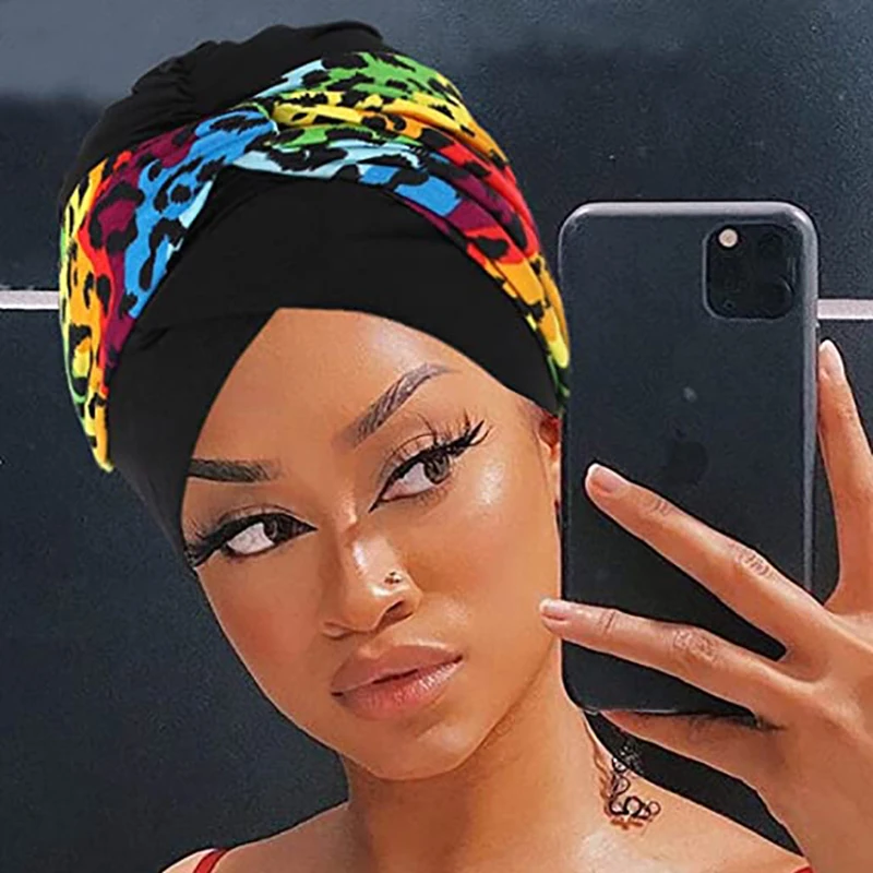 

African Soft Stretch Headwear Leopard Print Women Head Scarf Hat Turban Caps Hijab Bonnet Inner Hijabs For Cap Muslim Headdress