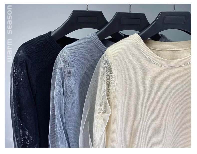 

High Street perspective lace sleeve Sweater Female Long Sleeve loose black white Pullover