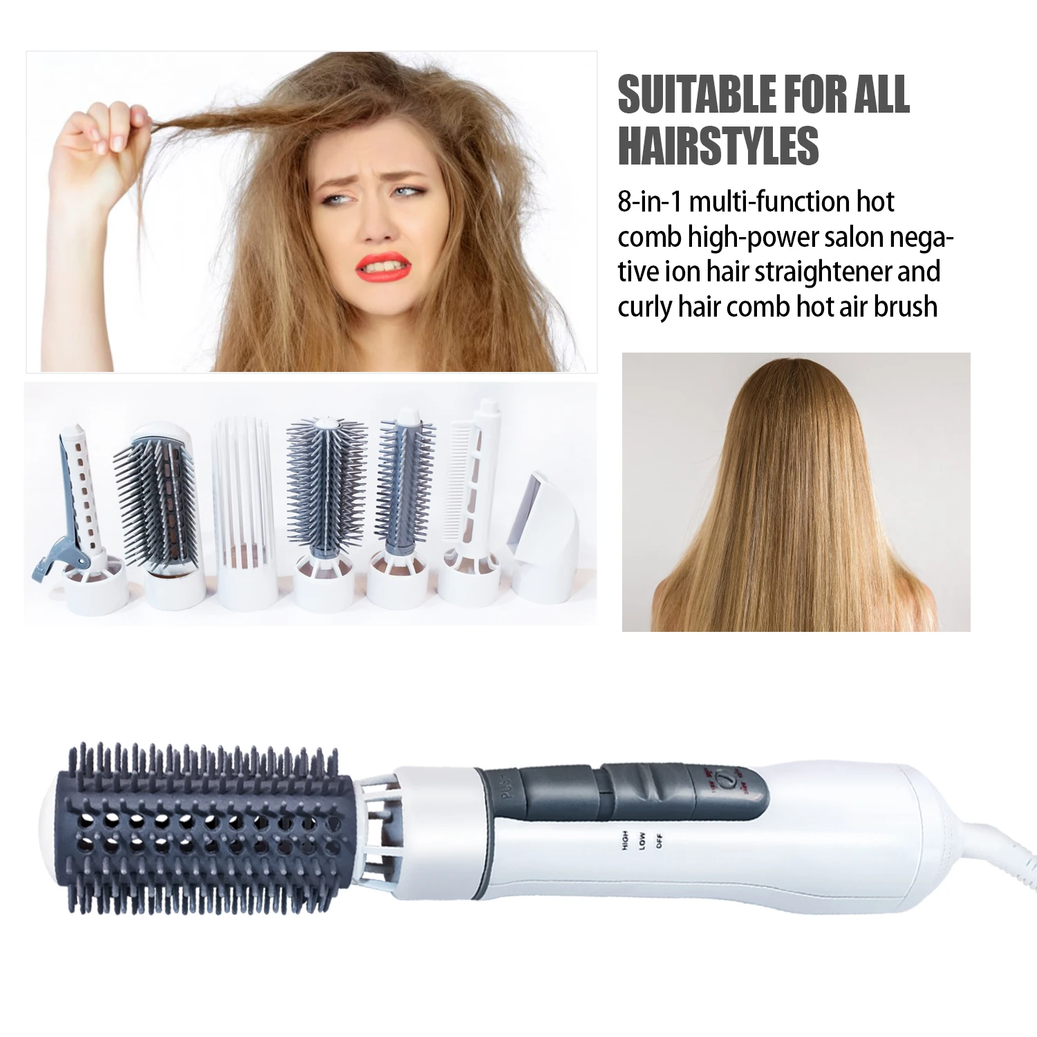 

Professional Hair Dryer Set 8 In 1 Electric Hot Air Brush Straightener Curler Comb Hair Dry Blower Straightening Curling Styler