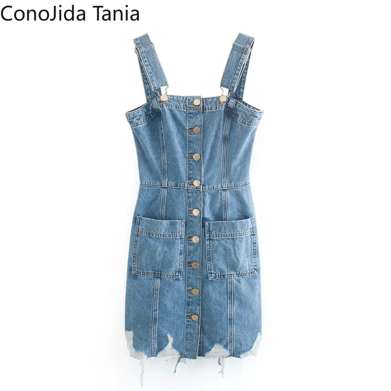 

Европейское и американское женское Новое однобортное джинсовое платье на бретельках с отверстием в подоле