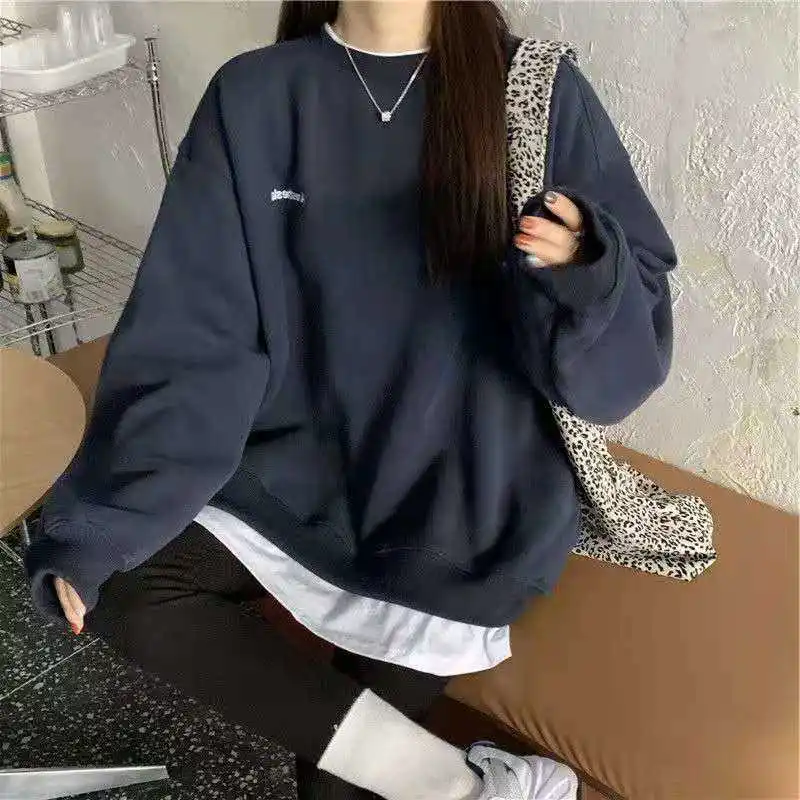 

2021 spring and autumn new splicing Pullover fashion Korean thick and thin women's Sweatshirt Navy Gray Black Pink women's Hoodi
