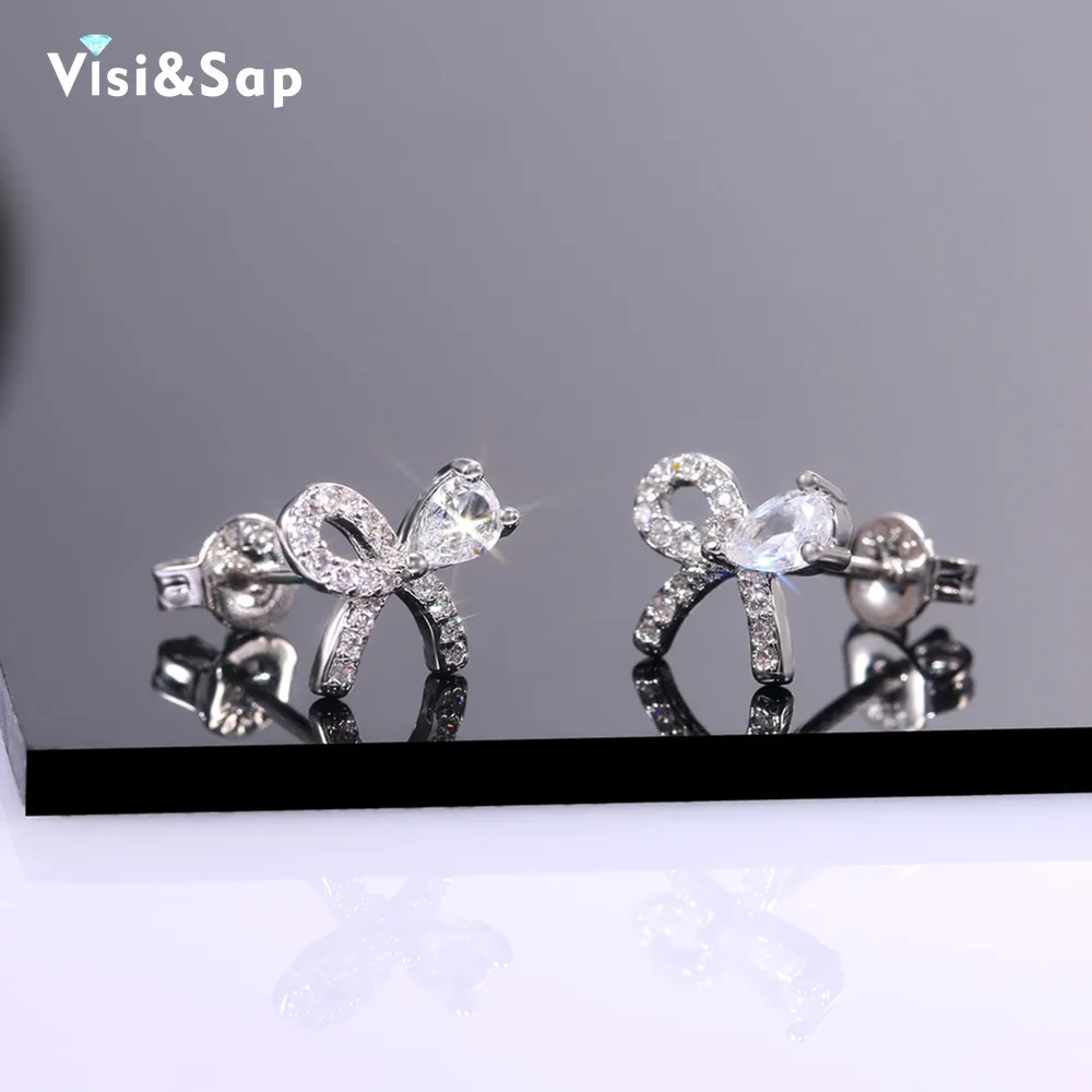 Женские серьги с маленьким бантом Visisap в Корейском стиле инкрустированные