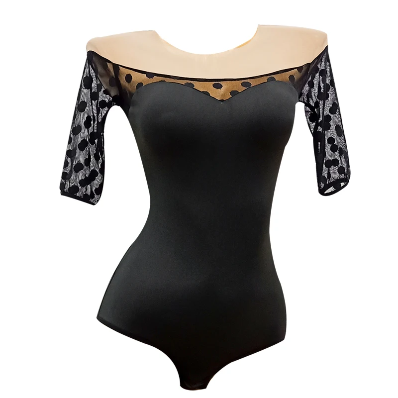 

2021 Latin Dance Clothes Women Dot Mesh Splicing Leotard Soft Ballroom Shirt Waltz Tango Samba Dance Practice Wear Black Tops