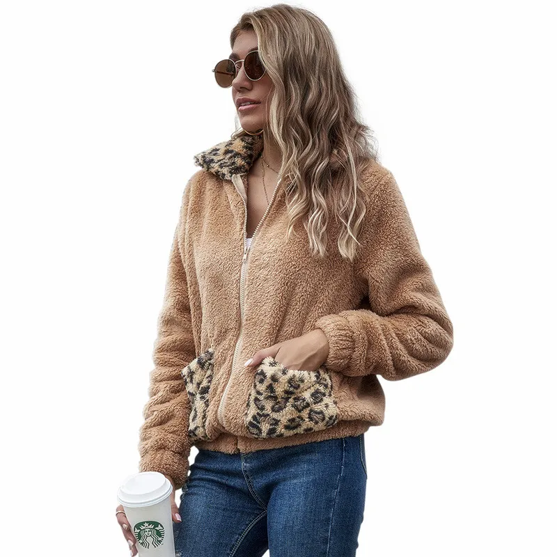 

Original Design New Winter Clothes Women Lamb Cashmere Leopard Print Casual Coats Full Patchwork Woman Jacket Winter 2020