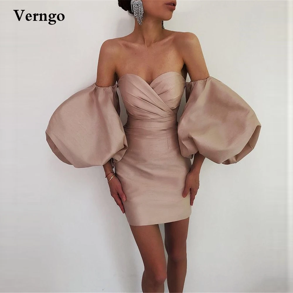 

Verngo Dusty Pink Satin Mini Cocktail Party Dresses Detachable Puff Sleeves Sweetheart Pleats Short Prom Gowns 2021 Modern