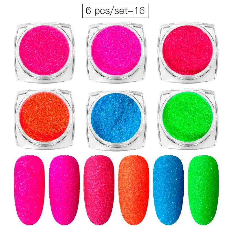 

6Pcs Transparent Nail Mirror Glitter Powder Set for Manicure Neon Colorful Chrome Pigment Flakes Nail Dust Decoration