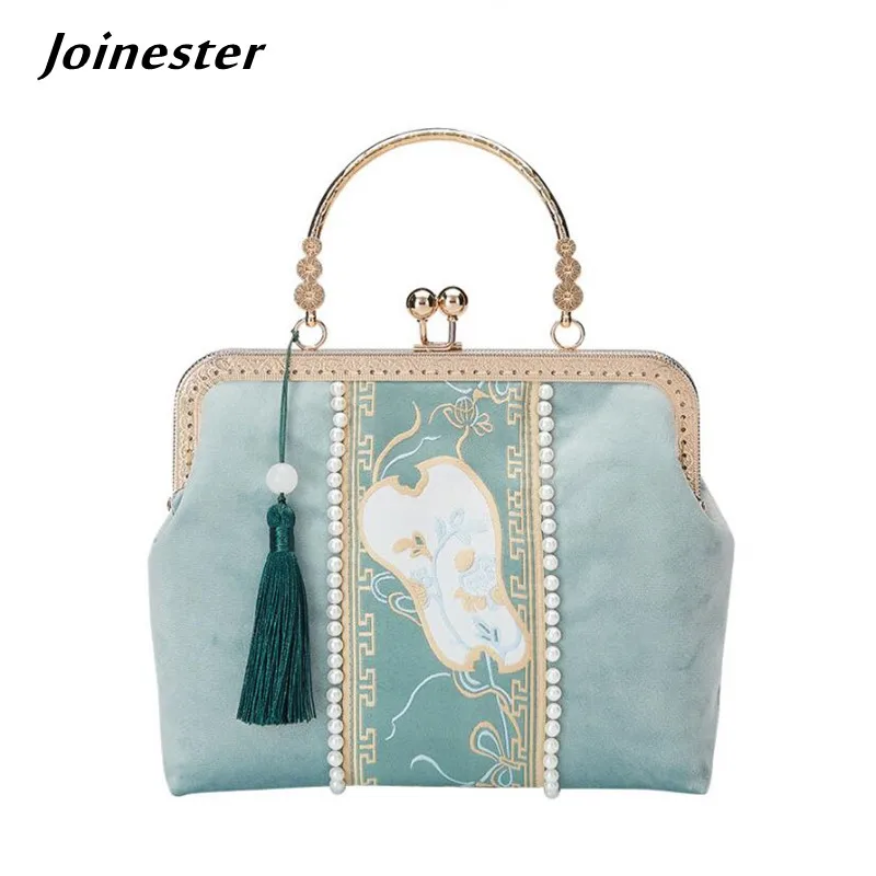

Metal Frame Vintage Handbags for Women Chinese Style Evening Clutch Bag Retro Terry Cloth Purse Female Ethnic Shoulder Bag