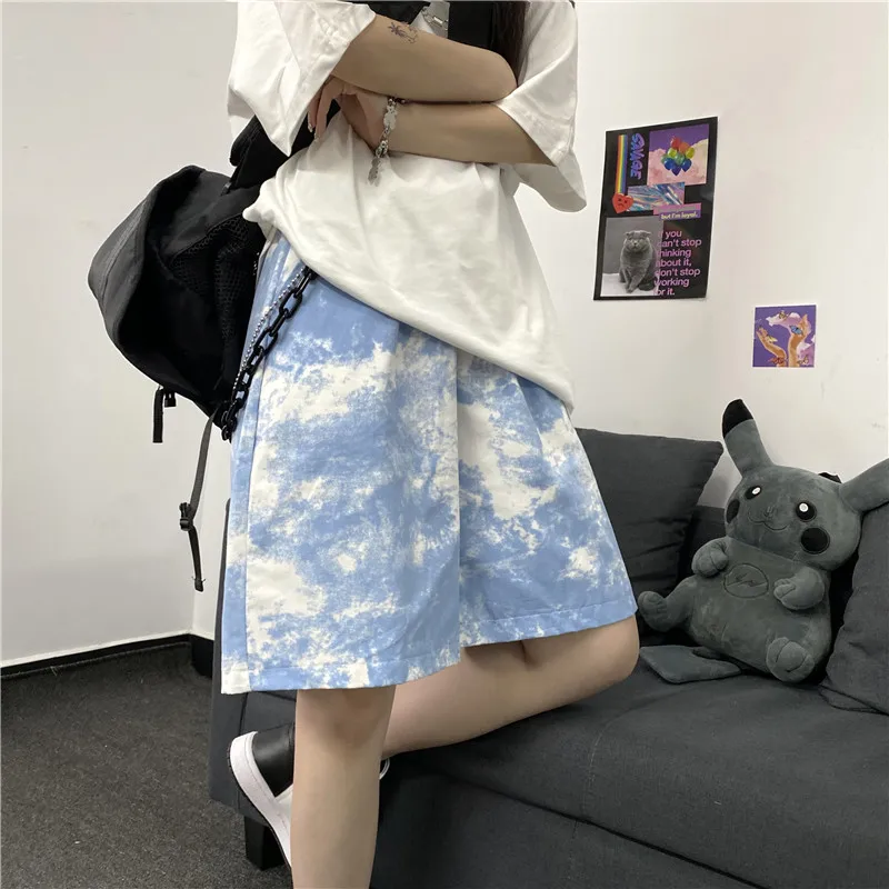 

Harajpoo Women Shorts Summer Korean Version Ins Tie Dye Loose High Waist Bf Casual Couple Wild Straight Belt Five-point Pants