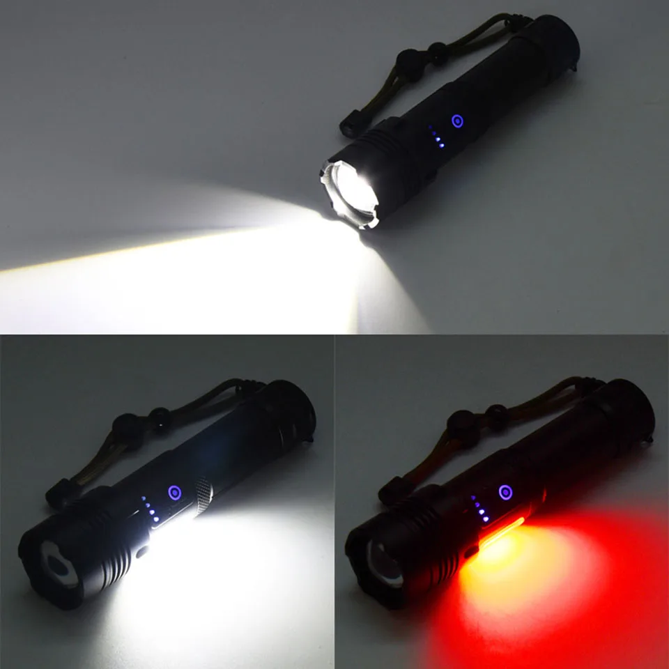 

LED Flashlight XHP70 Ultra Bright Torch Outdoors Waterproof Zoomable USB Rechargeable 26650 Battery Hiking Camping Fishing Light