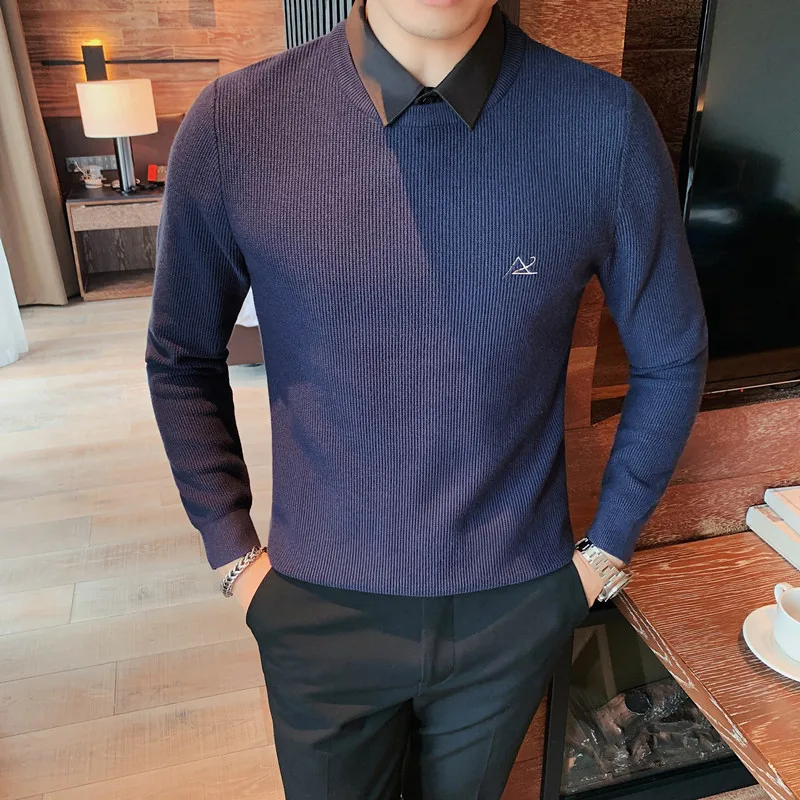 

2021 мужской свитер в британском стиле, имитация двух частей, вязаный пуловер с воротником и длинными рукавами, облегающий Повседневный трико...