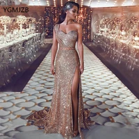 gold sequined sparkle long evening dress mermaid one shoulder sleeveless arabic saudi formal dress evening prom gown