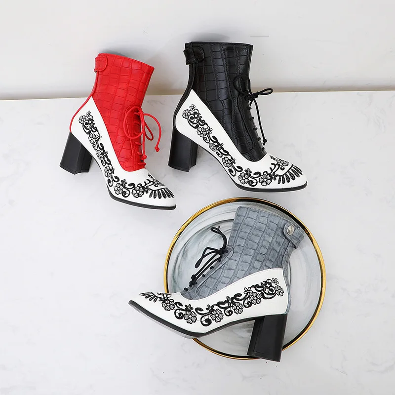 Осень зима сапоги женские ботильоны с вышитыми цветами Плотные туфли лодочки на